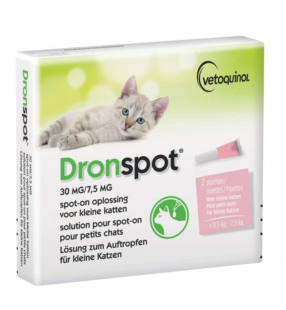 Vetoquinol Dronspot Kleine Kat 30 Mg / 7.5 Mg - 0.5 Kg T/m 2.5 Kg - 2 Pipetten 1 Vetoquinol Dronspot Kleine Kat 30 Mg / 7.5 Mg - 0.5 Kg T/m 2.5 Kg - 2 Pipetten